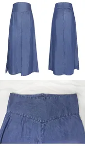 Detailed view of high waisted navy A-line skirt featuring V-stitch and back zipper