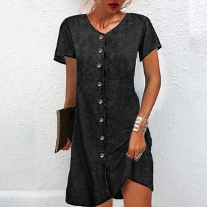 Short sleeve V-neck black denim shirt dress with front buttons and washed cotton finish