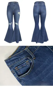 Dettaglio di jeans a zampa a vita alta con ginocchia strappate e orlo a taglio vivo blu