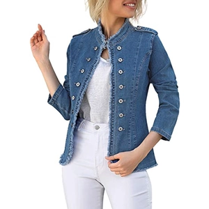 Detail of frayed edges and metal buttons on a slim-fit dark blue denim jacket for women
