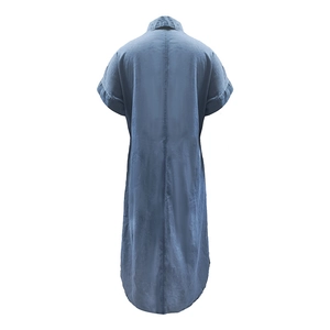 Short sleeve blue denim midi dress with a V-neck and simple minimalist silhouette