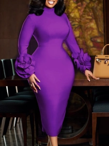 Elegant purple high-neck midi dress with oversized 3D flower cuffs and slim-fit silhouette