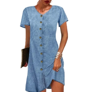 Light blue V-neck short sleeve denim mini dress with button down front and casual H-line fit