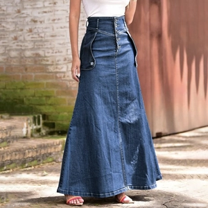 High-waist A-line denim maxi skirt with five buttons and large cargo side pockets