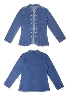 Detail view of denim jacket featuring raw frayed collar and decorative metal buttons