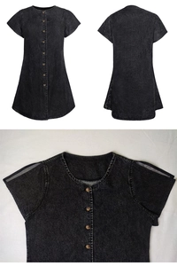 Detail of dark grey washed denim dress showing the round neck and wood buttons