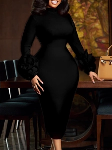 Elegant slim-fit black dress with high neck and 3D floral details on the sleeves