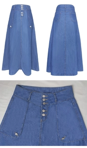 Detailed views showing metal buttons and stitching on a deep blue denim A-line long skirt