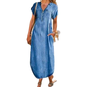 Women's casual V-neck short sleeve long dress with zip detail and side pockets