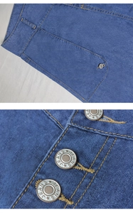Close-up of blue denim skirt with yellow contrast stitching and vintage metal buttons