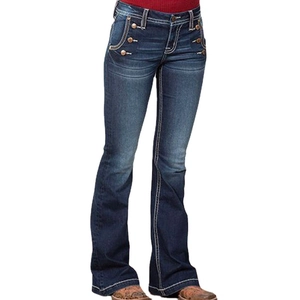 High-waisted dark blue flare jeans with retro button decor and contrast stitching
