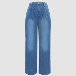 Klassische blaue High-Waist-Jeans mit weitem Bein, Wascheffekt und Metallknopf-Detail