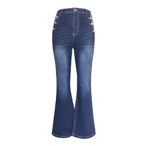 Women high waist flared jeans in dark blue denim with vintage gold side buttons