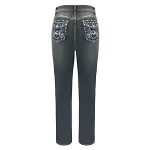 Women's slim grey washed jeans with punk skull wing rhinestone design on back pockets