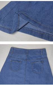 Detail view of blue denim midi skirt with contrast stitching and rear patch pockets