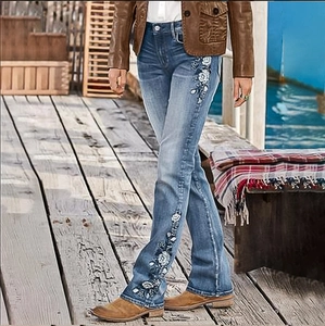 Women High Waisted Flared Jeans Retro Floral Embroidered Denim Pants Slim Fit Long Trousers Casual Blue Jeans For Women