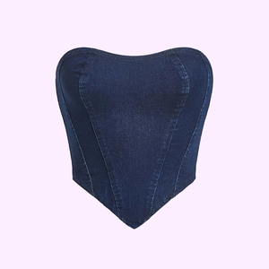 Top a corsetto in denim blu scuro con scollo a cuore e orlo a punta a forma di V