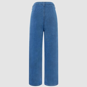 Rückansicht der klassischen blauen High-Waist-Jeans mit weitem Bein und sauberen Nähten