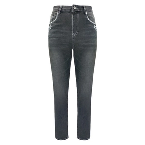 Slim fit dark grey denim jeans with rhinestone accents and skull embroidery for women