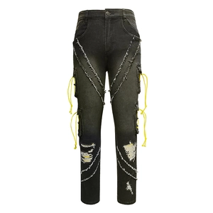 Men's retro distressed cargo jeans in dark grey with ripped details and yellow drawstrings