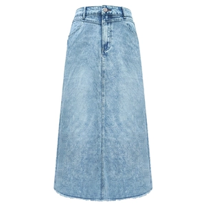 Minimalist high waist A-line denim maxi skirt with light blue wash and raw hem detail