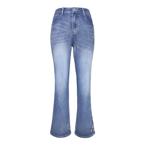 Women high waist flared jeans in mid-blue with floral embroidery and washed finish