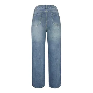 Women's light blue straight leg denim jeans with back pocket design and washed finish