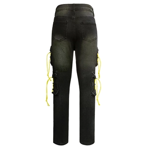 Men's dark grey cargo jeans with vintage distressed finish and yellow drawstrings