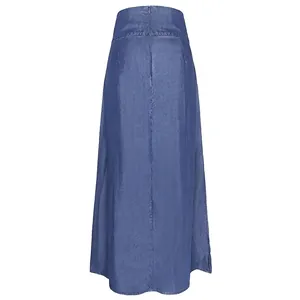 High waist blue A-line denim maxi skirt with a slimming silhouette and back zipper closure