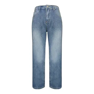Women's casual light blue straight leg denim jeans with five pockets and washed finish