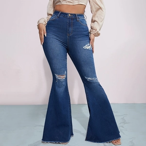 Jeans Donna a Zampa Vita Alta Elastici Distressed Strappati Pantaloni Denim Retro Streetwear Orlo a Taglio Vivo Blu Scuro