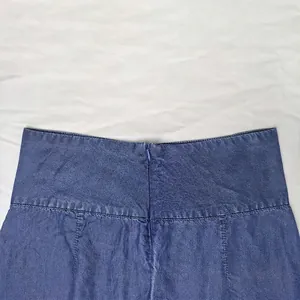 High waist blue denim A-line skirt with back hidden zipper and double stitching