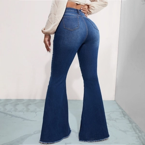 Jeans svasati a vita alta blu scuro da donna con tasche posteriori e vestibilità slim