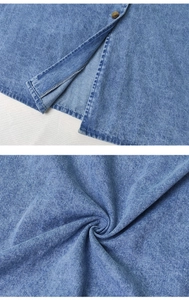 Close-up of distressed denim dress hem with button detail and textured twill fabric