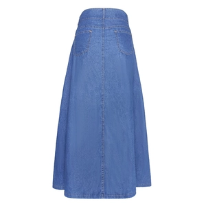 Classic blue denim maxi skirt with A-line silhouette and vintage back pockets design