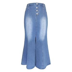 Slim fit denim mermaid skirt with button front and center slit in light blue