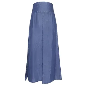 High-waist blue denim A-line midi skirt with vintage style and elegant side slit detail