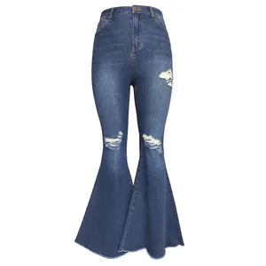 Jeans a vita alta a zampa d'elefante con gamba larga e dettagli strappati trendy