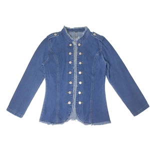 Slim fit denim jacket with military style double breasted design and frayed edges