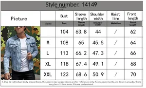 Size chart for slim fit denim jacket showing chest and sleeve measurements from S to XXL