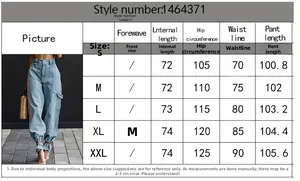 Size chart detail for light blue women's high waisted street style cargo jeans