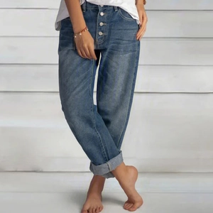 Damen Jeans in Dunkelblau, hohe Taille, gerader Schnitt mit Vier-Knopf-Leiste Detail