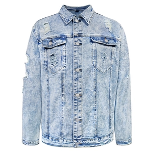 Classic slim fit light blue acid wash denim jacket with distressed details and lapel collar