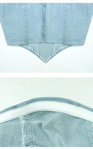 Dettaglio del top a fascia in denim celeste con cerniera e striscia antiscivolo interna
