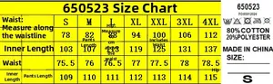 Size chart and fabric care label for printed denim overalls showing S to 4XL measurements