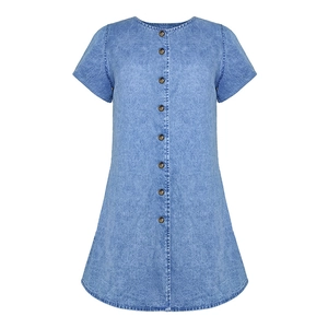 Women's light blue denim A-line dress with short sleeves and front button closure