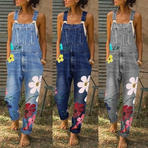 Detailed comparison of printed denim overalls in light blue, dark blue and grey colors