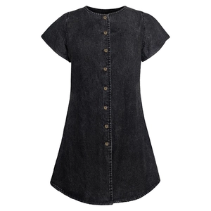 Short sleeve acid wash black denim shirt dress with wood buttons and A-line cut