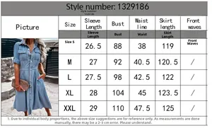 Size chart for lapel denim maxi dress including bust, waist, and length measurements