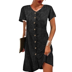 Women's V-neck short sleeve washed black denim mini dress with front buttons